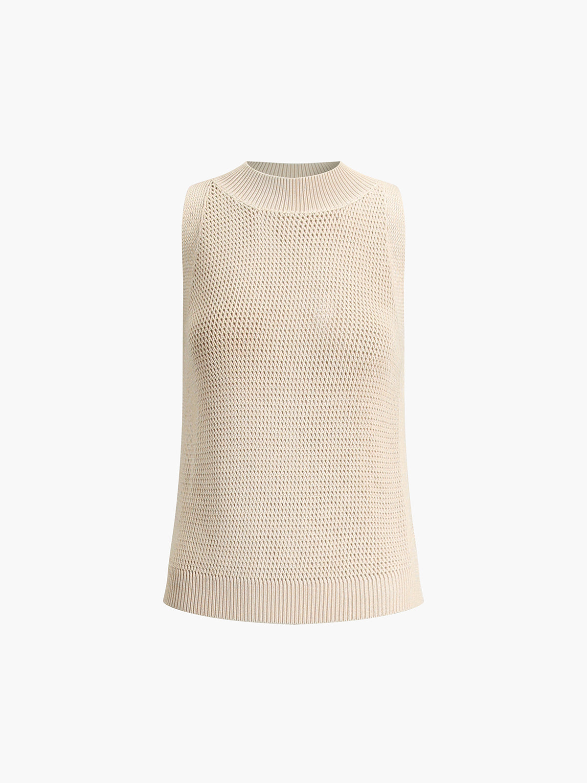 Beige sleeveless top with open texture plain front view