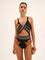 One-piece swimsuit black with orange and white patterns, front profile view