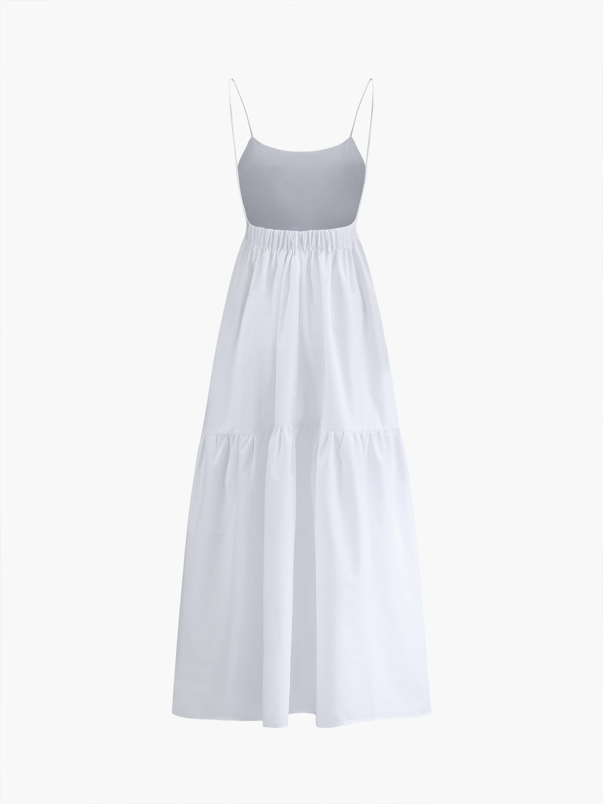 White maxi dress with thin straps and elastic waist, front view