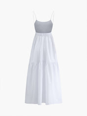 White maxi dress with thin straps and elastic waist, front view