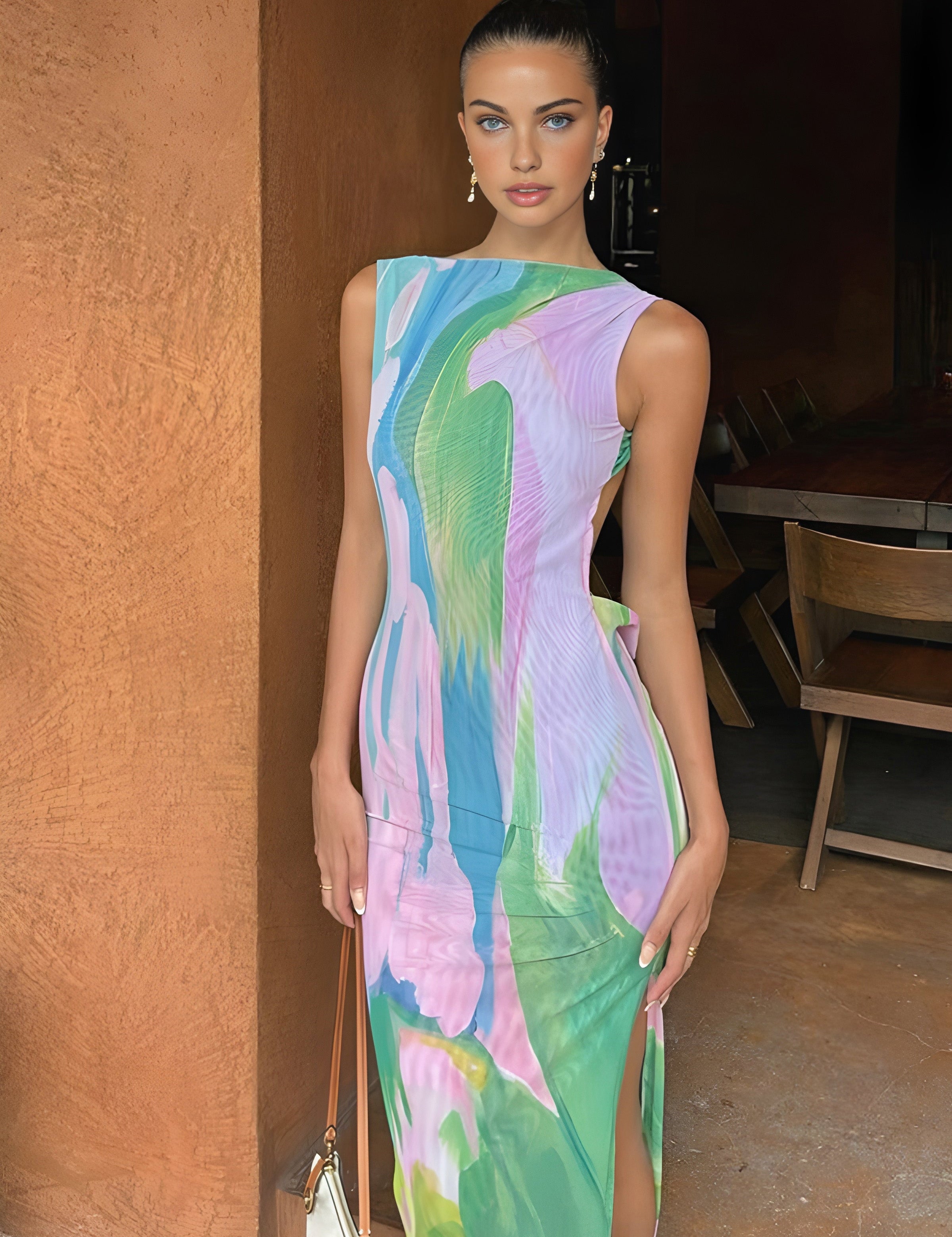 Maxi dress with abstract floral print in pastel colors, front view
