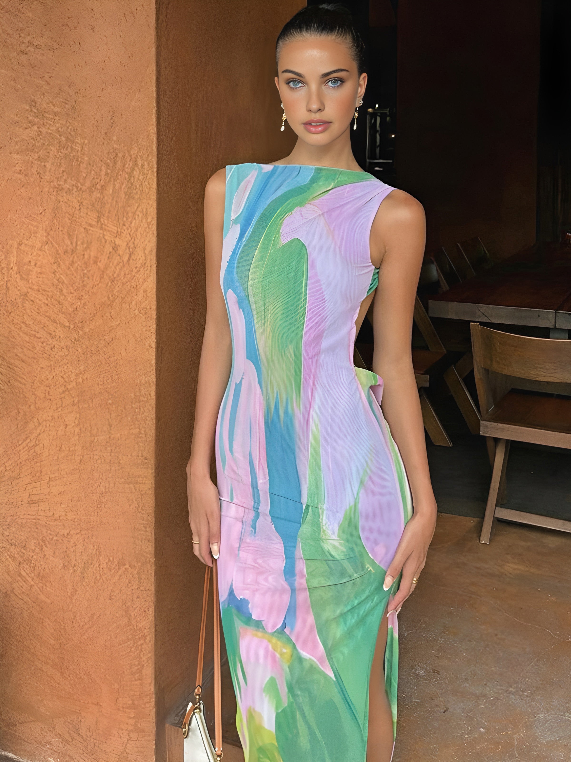Maxi dress with abstract floral print in pastel colors, front view