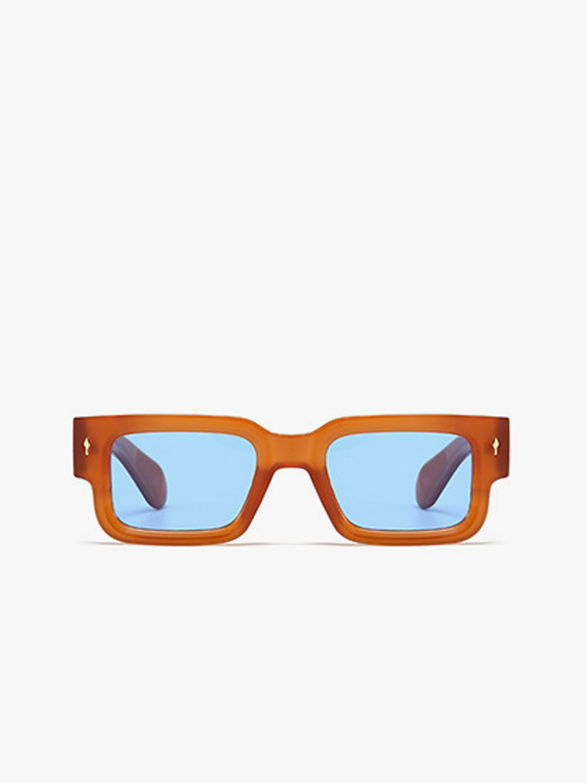 Sunglasses amber frame blue lenses angled view