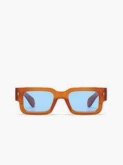 Sunglasses amber frame blue lenses angled view