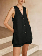 Black sleeveless vest and shorts set front view