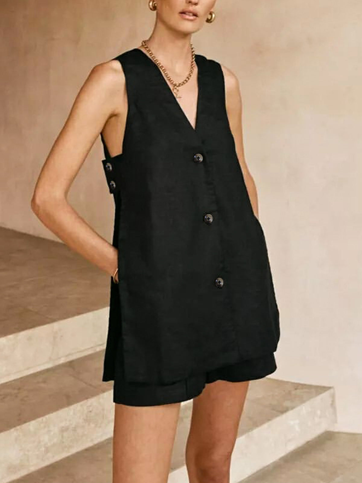 Black sleeveless vest and shorts set front view