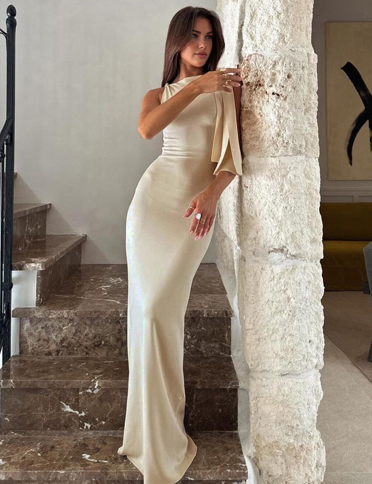Formal dress beige asymmetrical cowl neck side profile
