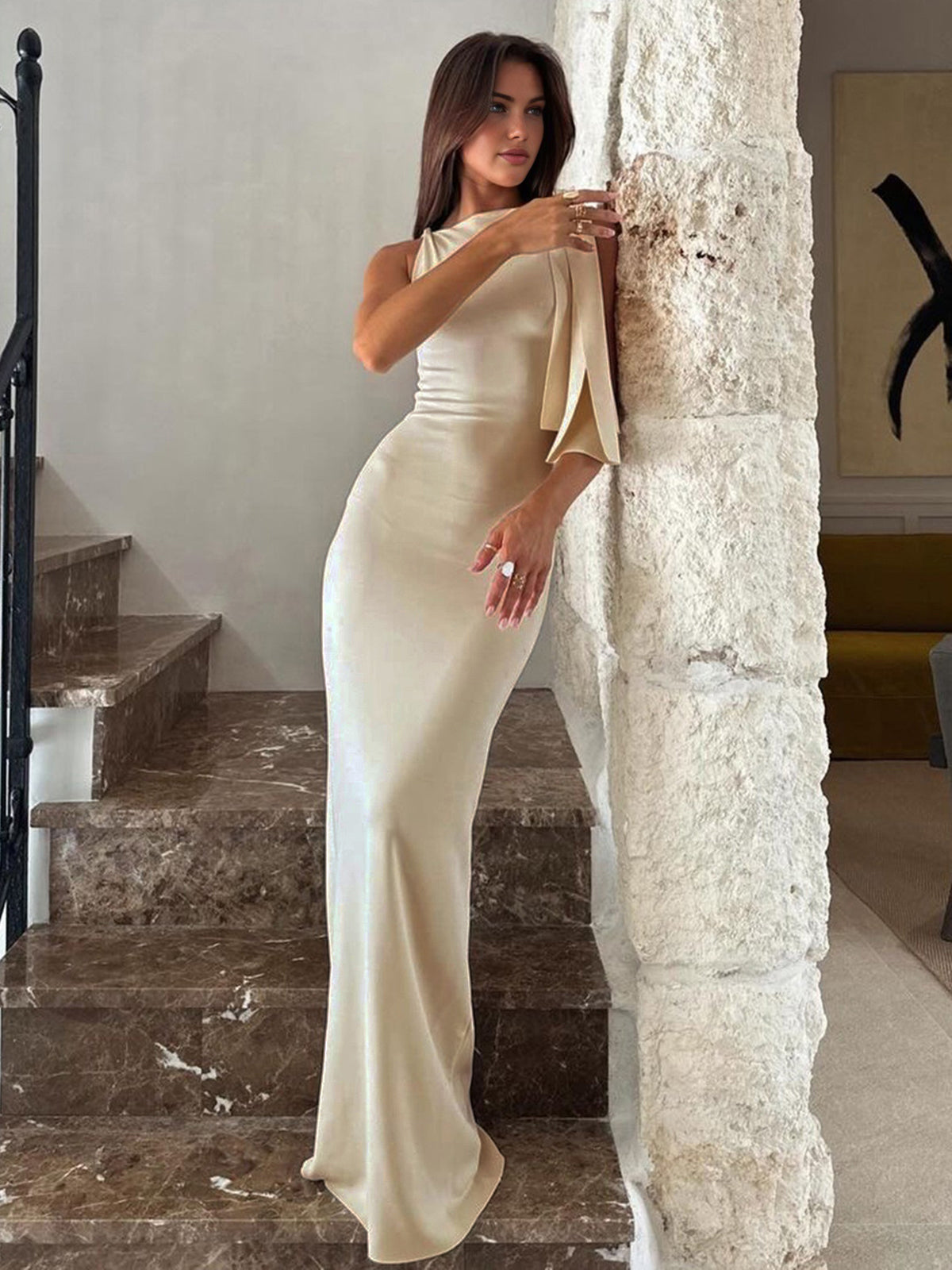 Formal dress beige asymmetrical cowl neck side profile