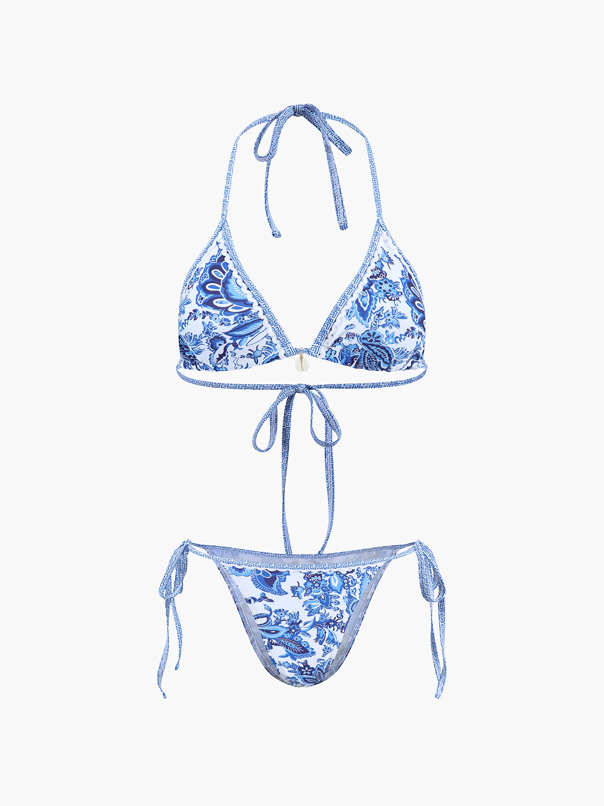 Bikiniset met blauwe print en halterbandjes, vooraanzicht