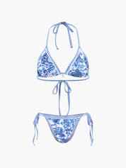 Bikiniset met blauwe print en halterbandjes, vooraanzicht