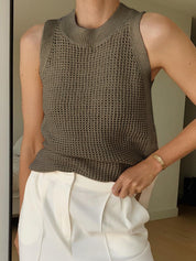 Gray sleeveless top with open texture front view