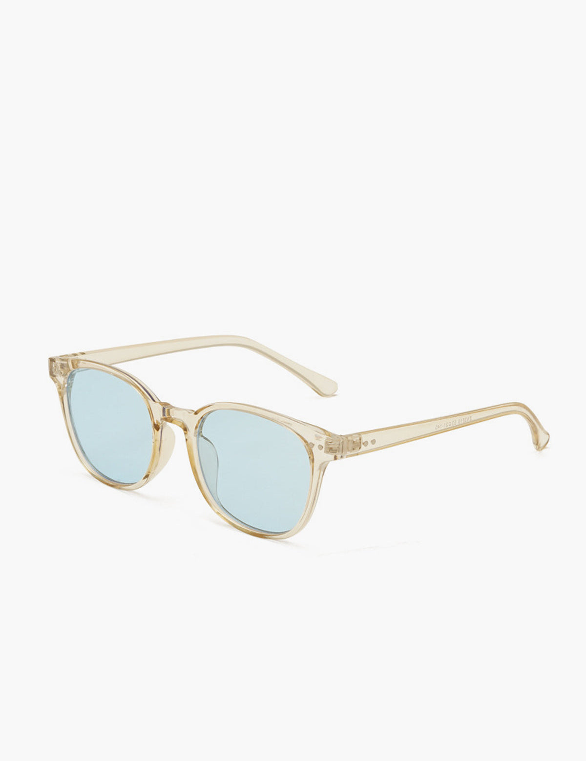 Sunglasses with transparent beige acetate frame and light blue lenses, front view