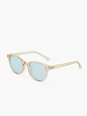 Sunglasses with transparent beige acetate frame and light blue lenses, front view