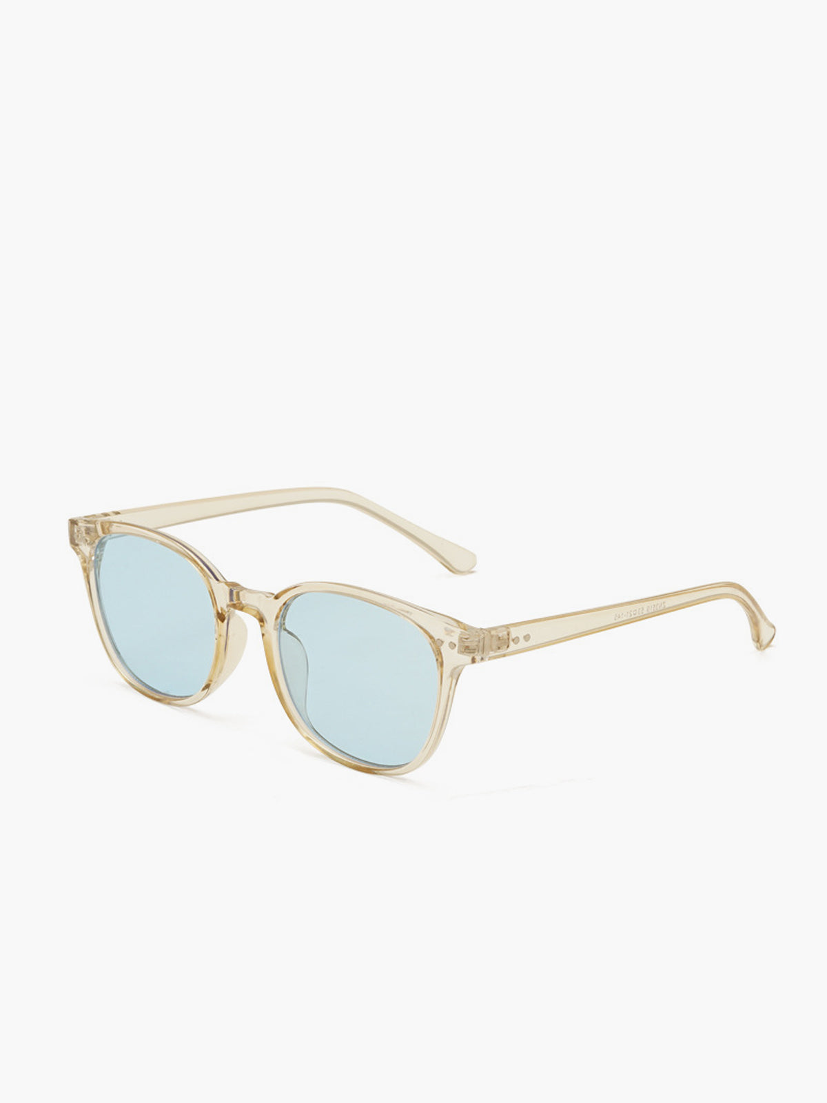 Sunglasses with transparent beige acetate frame and light blue lenses, front view