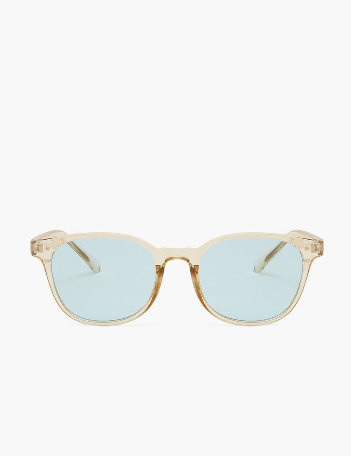 Sunglasses with transparent beige acetate frame and light blue lenses, top-down view
