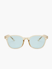 Sunglasses with transparent beige acetate frame and light blue lenses, top-down view