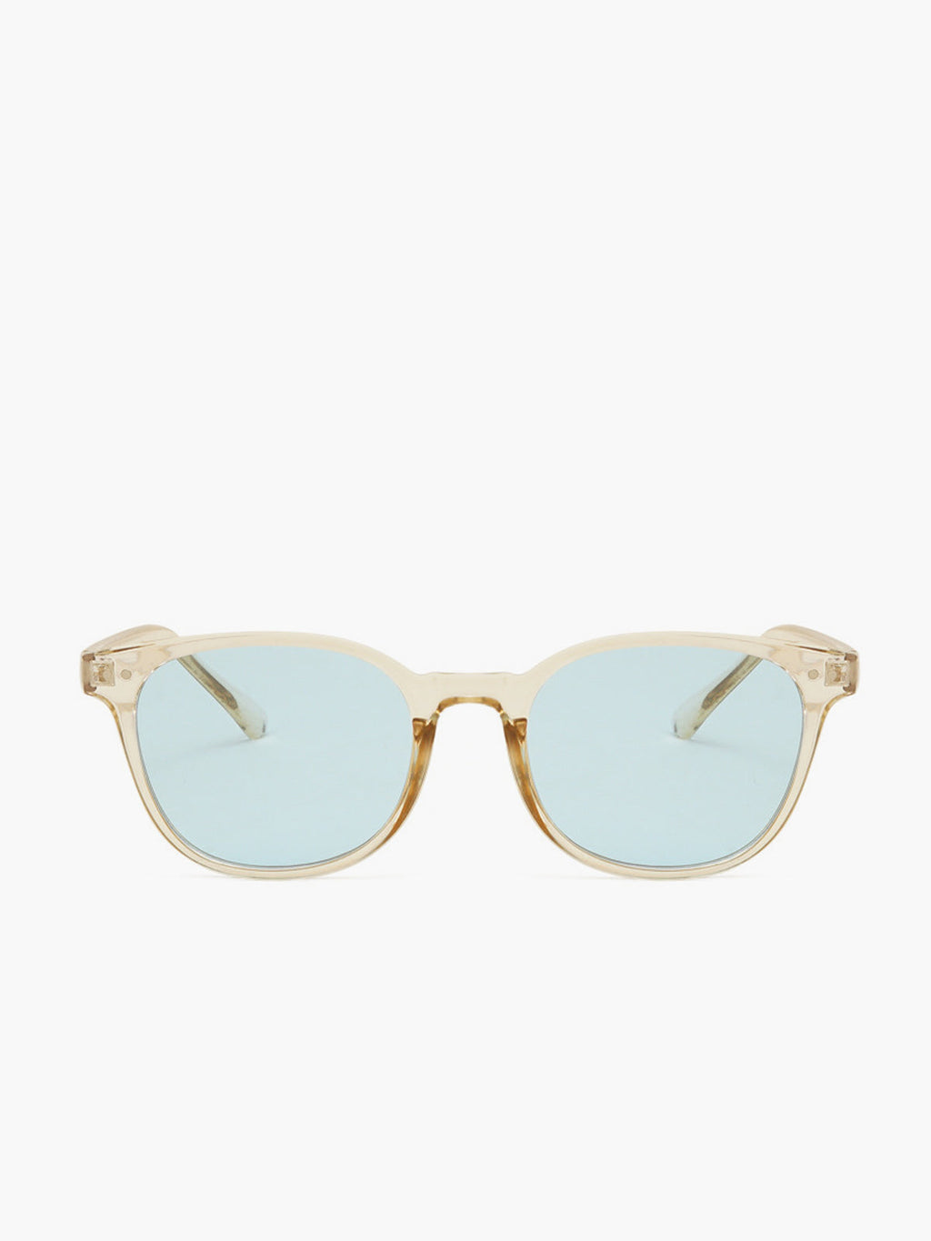 Sunglasses with transparent beige acetate frame and light blue lenses, top-down view