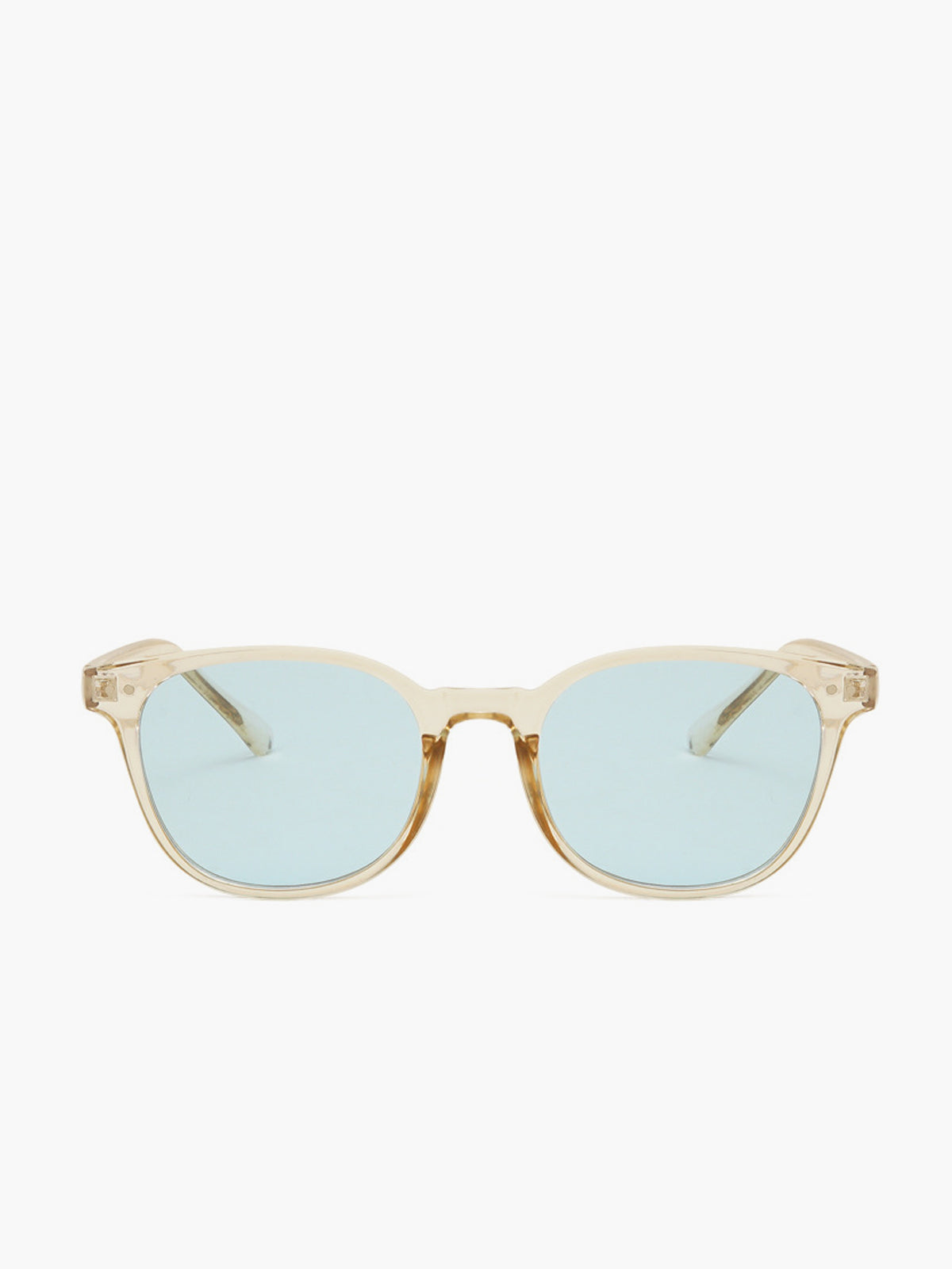 Sunglasses with transparent beige acetate frame and light blue lenses, top-down view