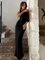Formal dress black asymmetrical cowl neck front view