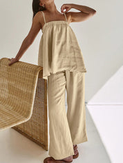 Beige loungewear set with tiered top and wide-leg pants side view