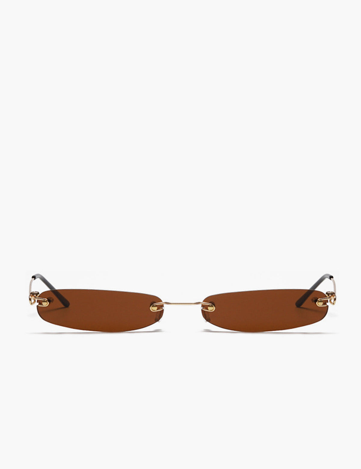 Sunglasses with brown lens and gold frame, top-down view