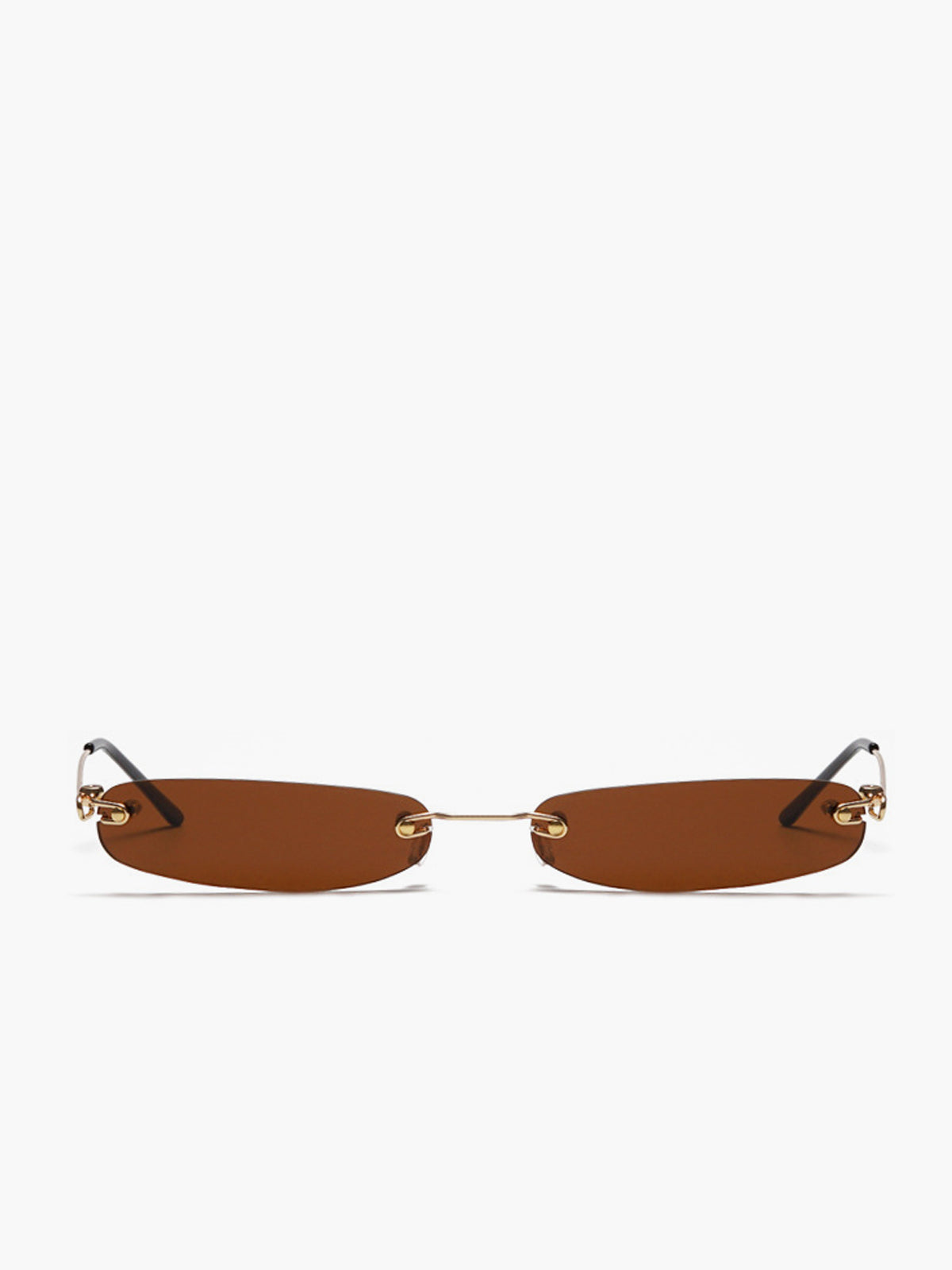 Sunglasses with brown lens and gold frame, top-down view