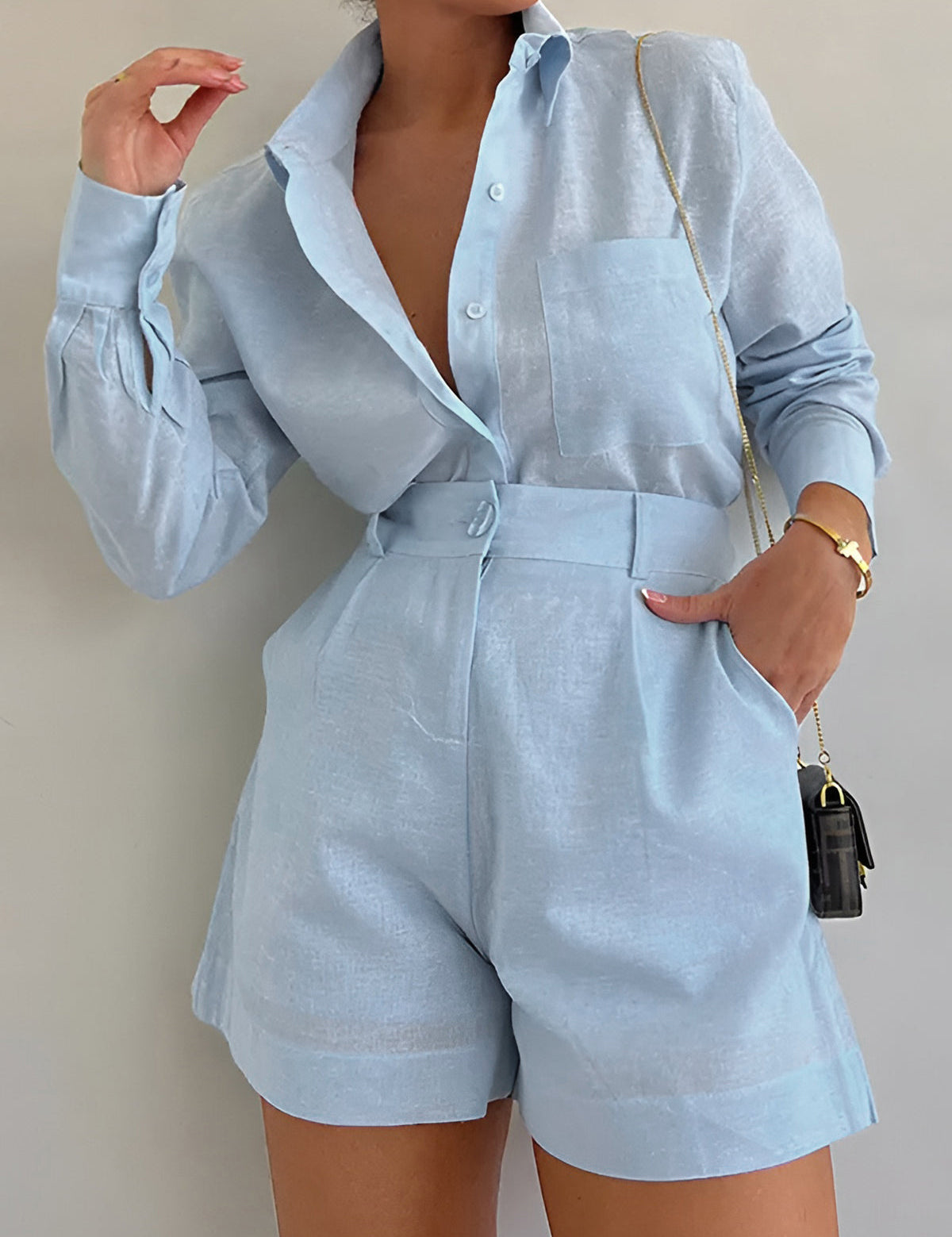 Light blue linen co-ord set front view
