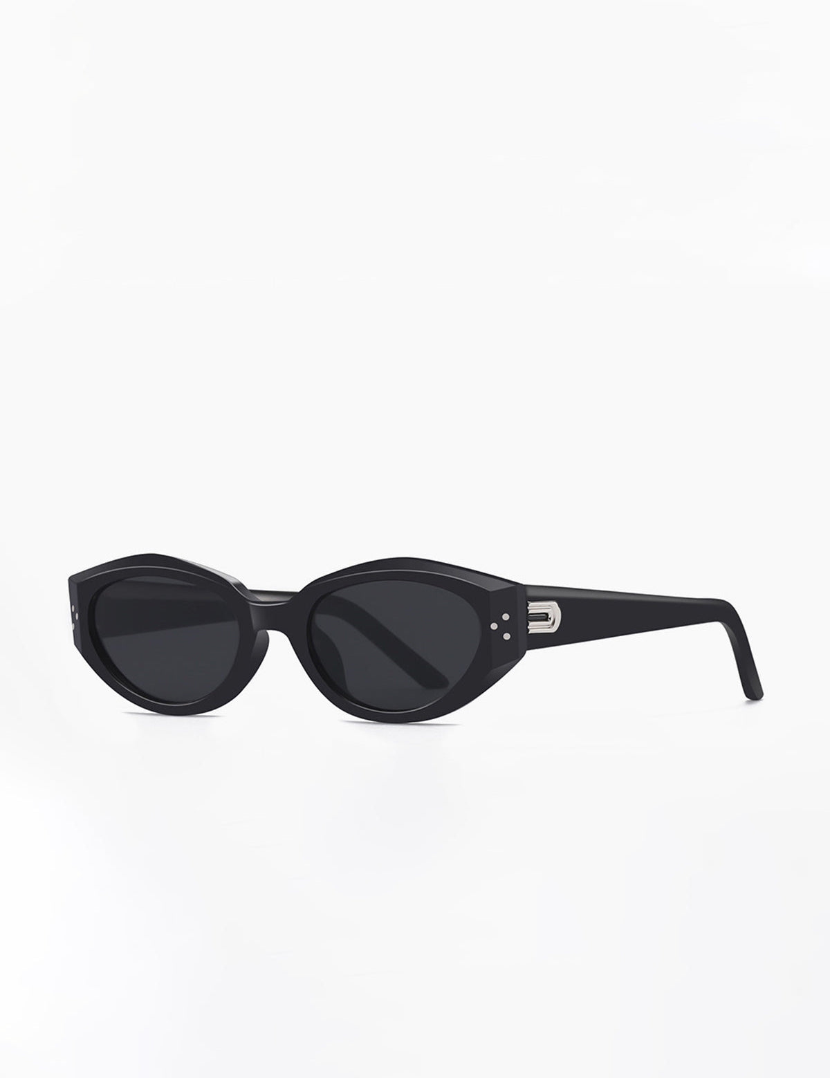 Black cat-eye sunglasses with silver hardware, front view