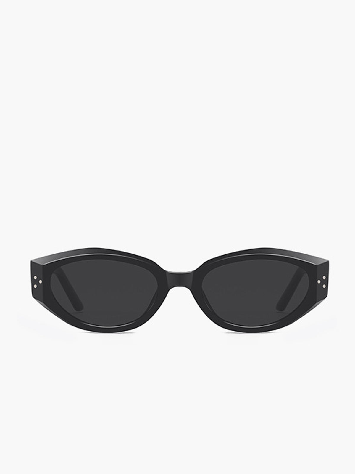 Black cat-eye sunglasses with silver hardware, top-down view