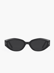 Black cat-eye sunglasses with silver hardware, top-down view