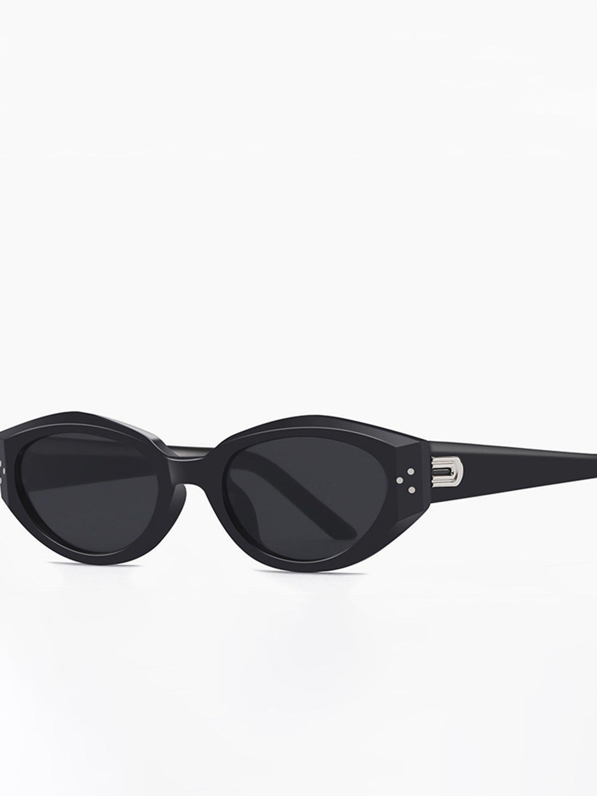 Black cat-eye sunglasses with silver hardware, angled front view