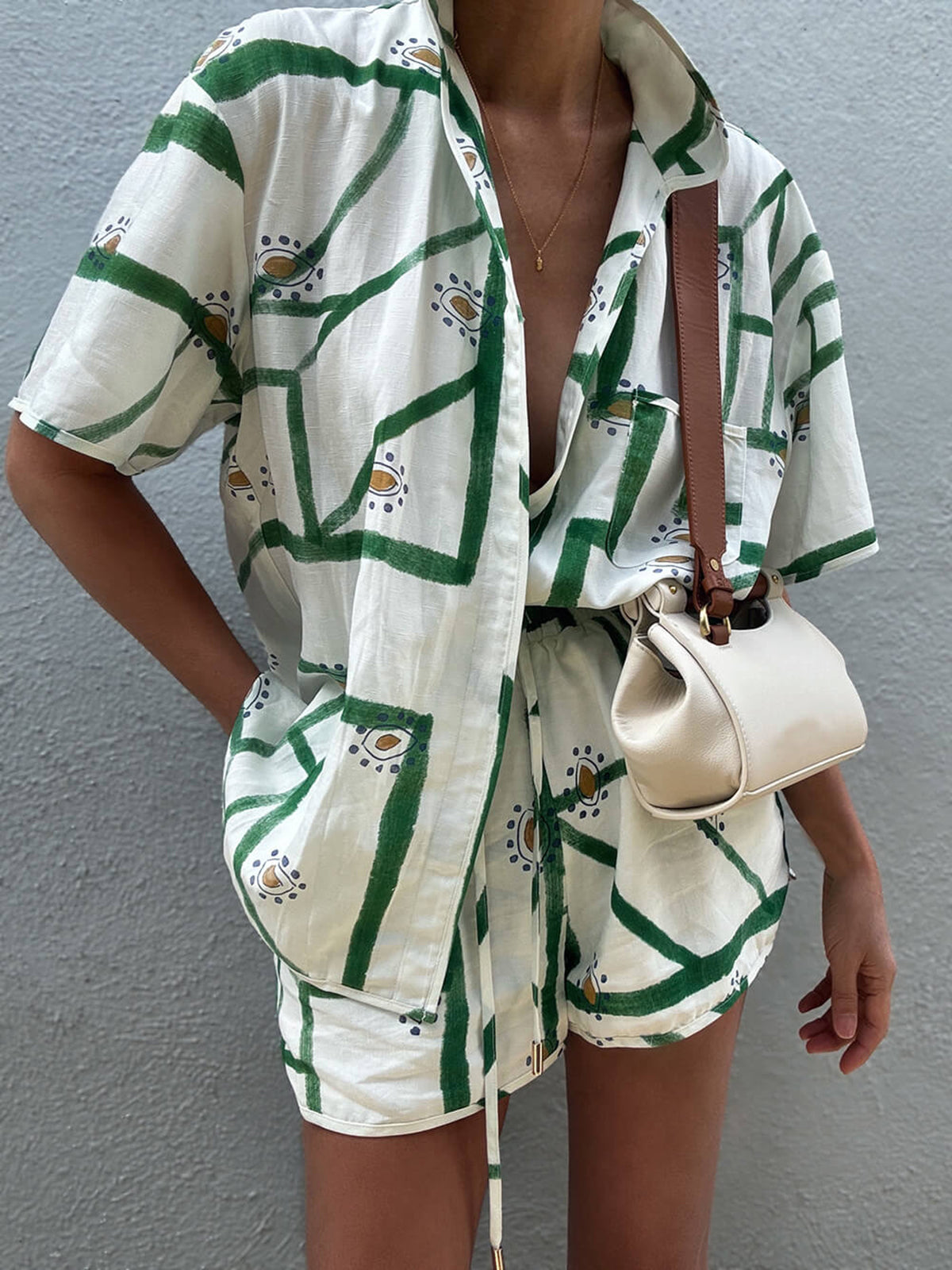 Loungewear set white with green pattern front view