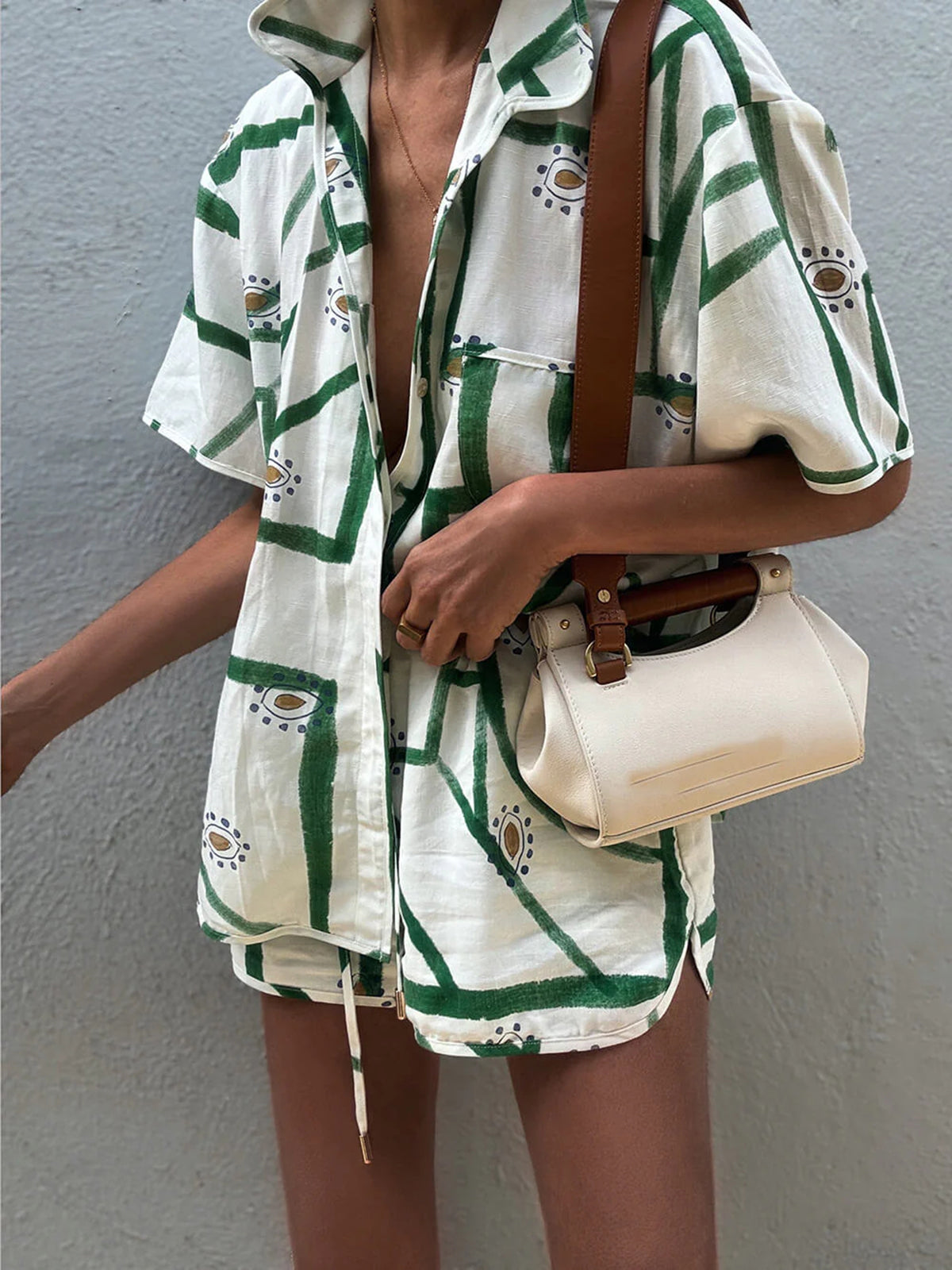 Loungewear set white with green pattern front view