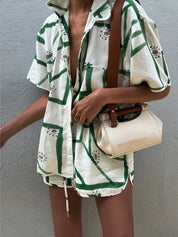Loungewear set white with green pattern front view