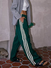 Dames broek groen met witte strepen, hoge taille, front view