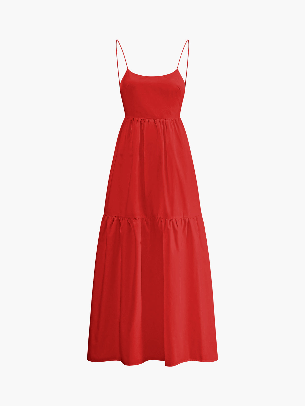 Red maxi dress with thin straps and tiered skirt, front view