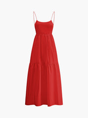 Red maxi dress with thin straps and tiered skirt, front view