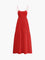Red maxi dress with thin straps and tiered skirt, front view