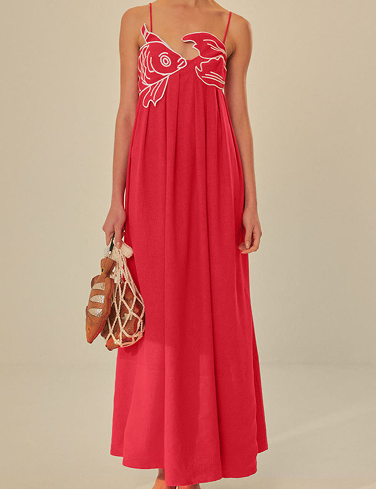 Red maxi dress with white fish embroidery front view