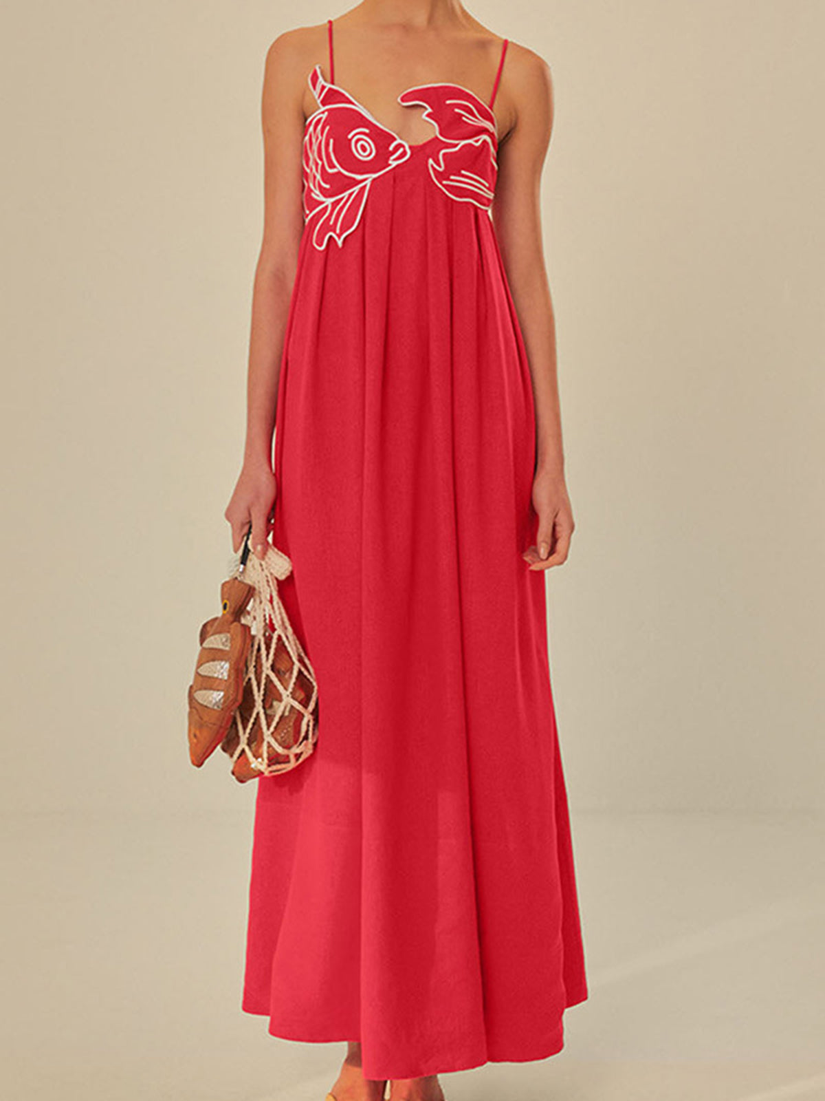 Red maxi dress with white fish embroidery front view