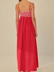 Red maxi dress with white fish embroidery back view