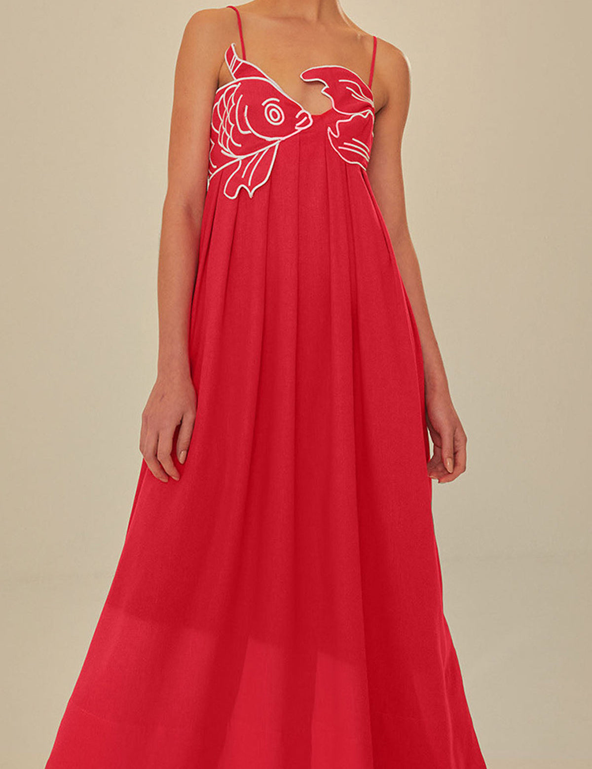 Red maxi dress with white fish embroidery side profile