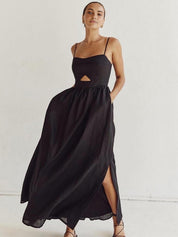 Black maxi dress with cutout detail and slit side view
