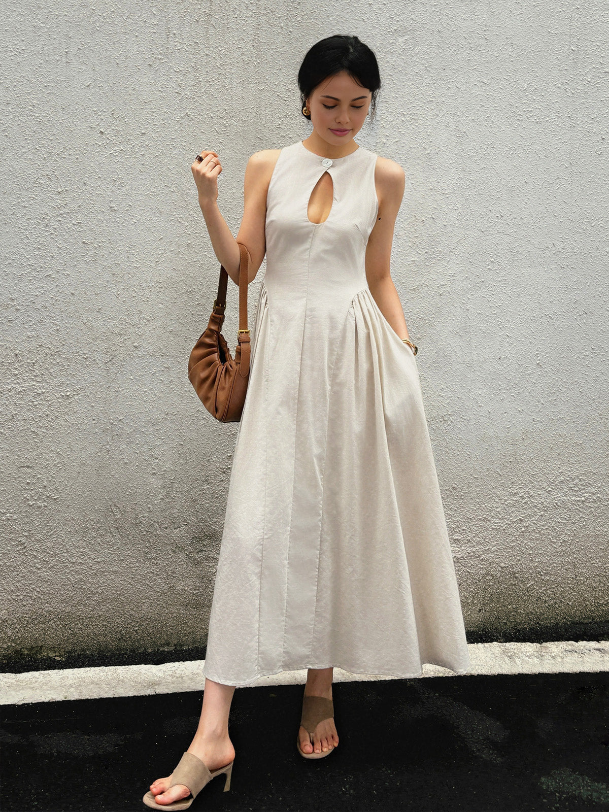 Maxi dress beige with keyhole neckline full body view