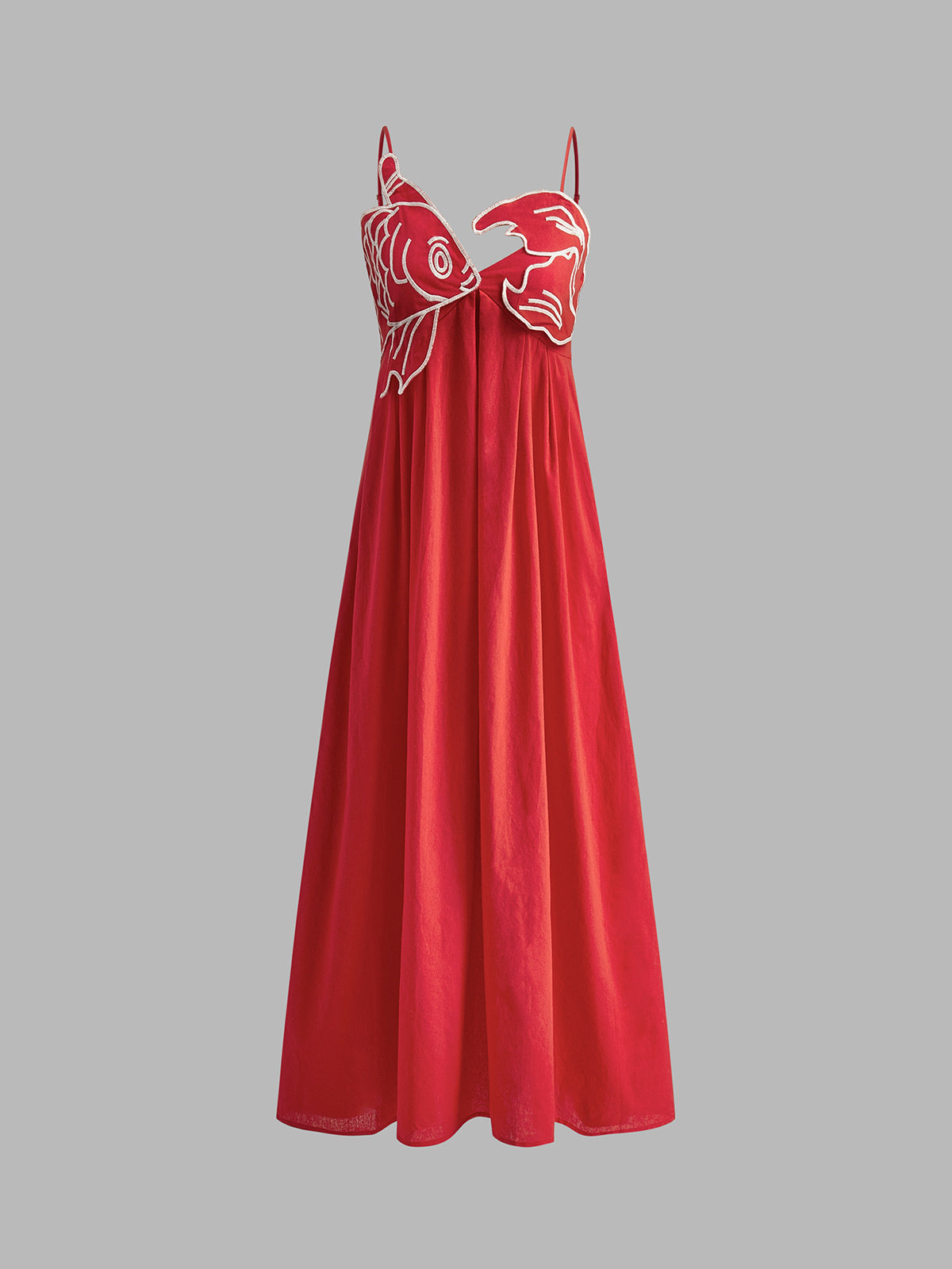 Red maxi dress with white fish embroidery front view on mannequin