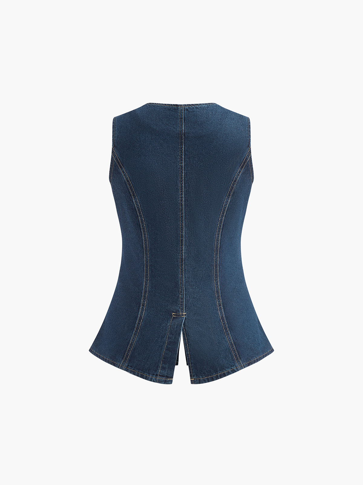 Denim playsuit back view with pleated detail