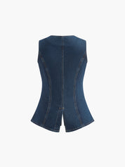 Denim playsuit back view with pleated detail