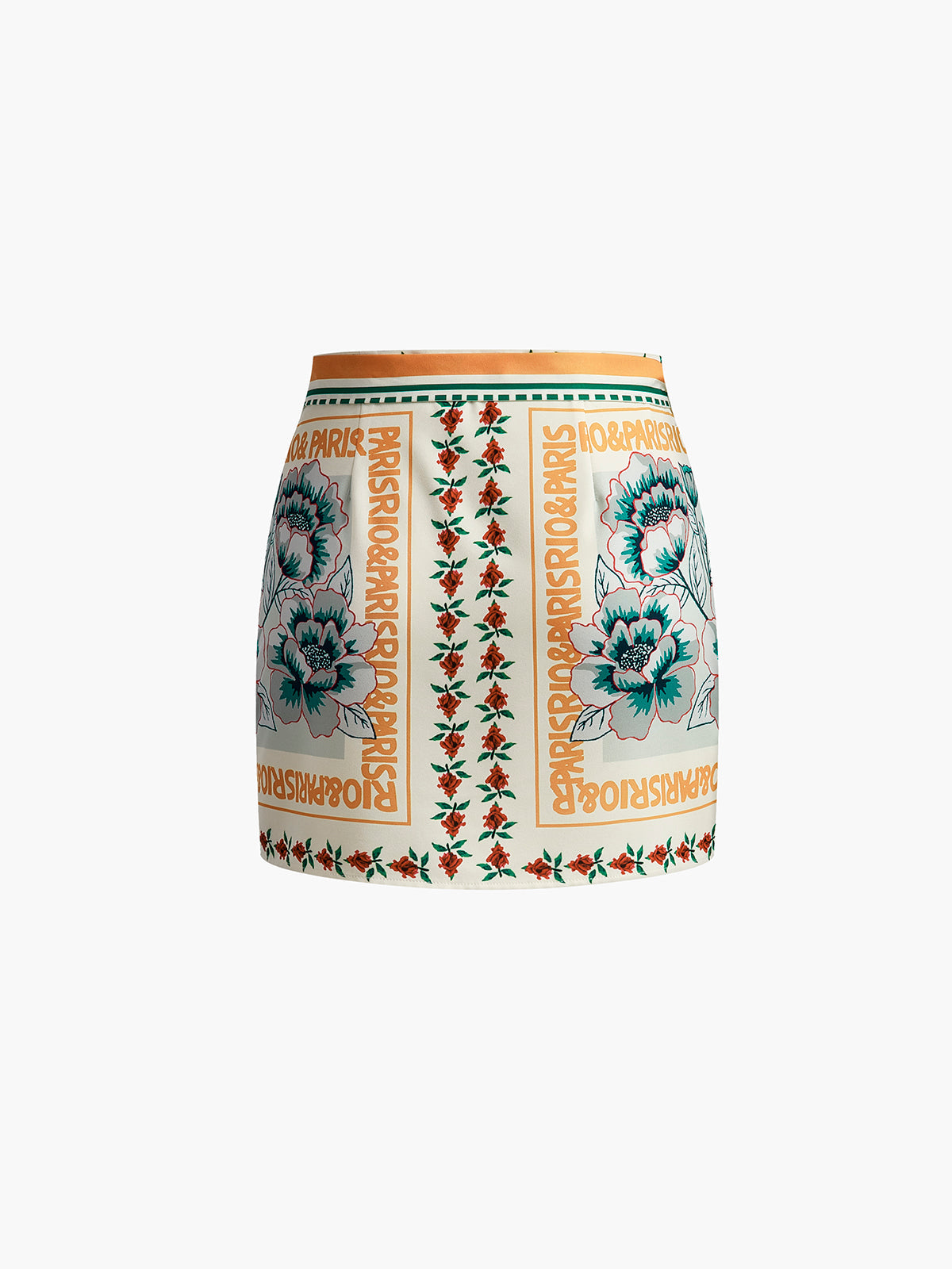 Floral print wrap skirt with orange waistband, side view