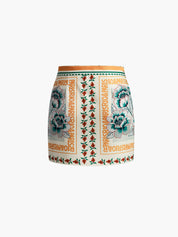 Floral print wrap skirt with orange waistband, side view