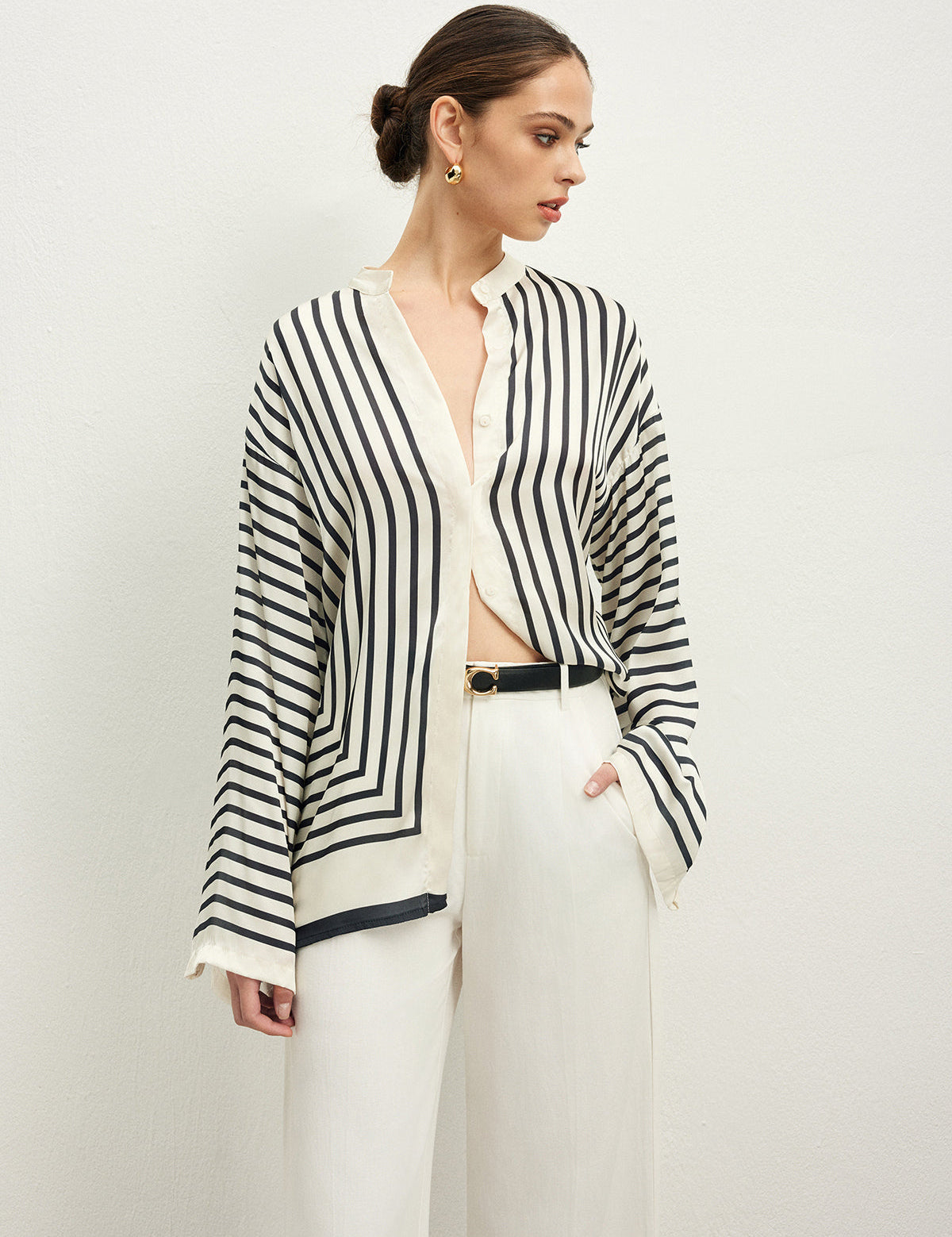 Striped satin blouse with wide sleeves side profile